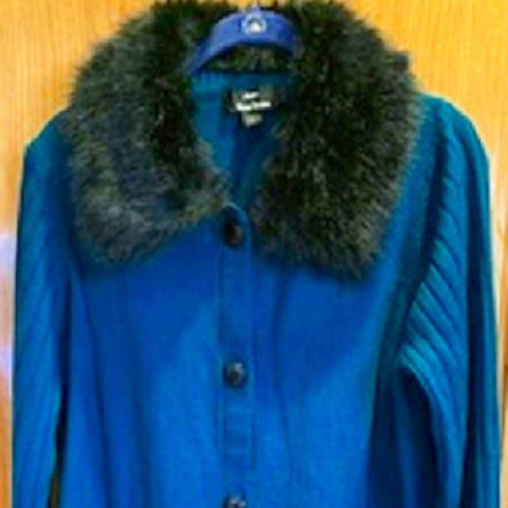 Dennis Basso Long Green Knit Cardigan Sweater Faux Fur Removable Collar Sz: L